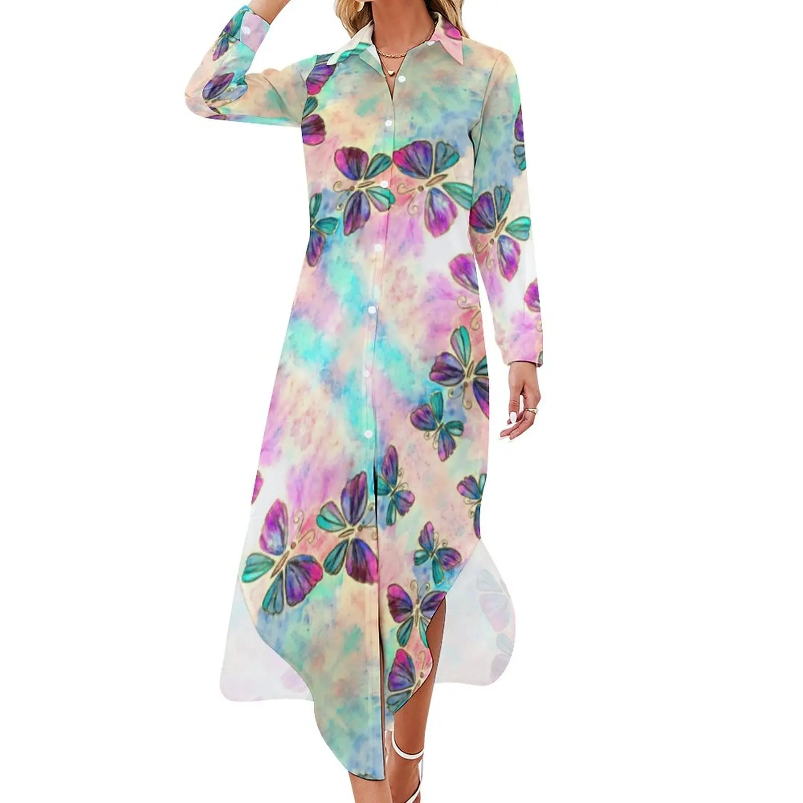 

Женское шифоновое платье с принтом Омбре, милое цветное платье с V-образным вырезом, модное повседневное платье в Корейском стиле, идея для п...