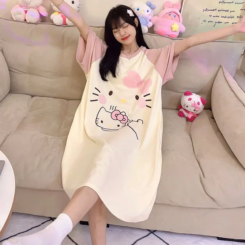 

Hello Kitty Women Nightwear Pajamas Women's Summer 2023 New Cute Short Sleeve Nightdress Home Wear Sleepwear Cartoon Nightgown