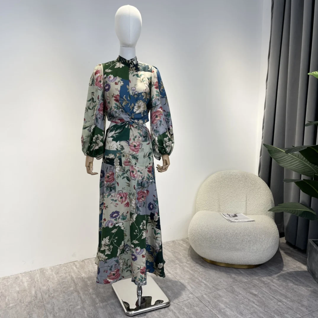 

Floral Print Palace Style Linen Midi Dress 2022 Autumn New Top Quality Stand -up Collar Stitching Dew Waist Outfit