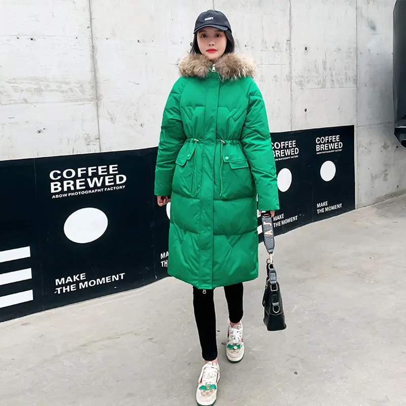 

Big Fur Collar Down Cotton Coat Hooded Women's Parka Mid Long Slim Overcoat Thick Winter 2022 Korean Padded Jacket Female Warm