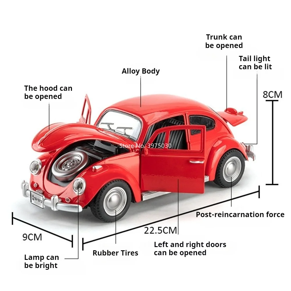 Фото Машинка-модель Volkswagen Beetle 1955 года, масштаб 1:18, из сплава, с открывающимися 4 дверями, инерционная, подарок для мальчиков на день рождения №2