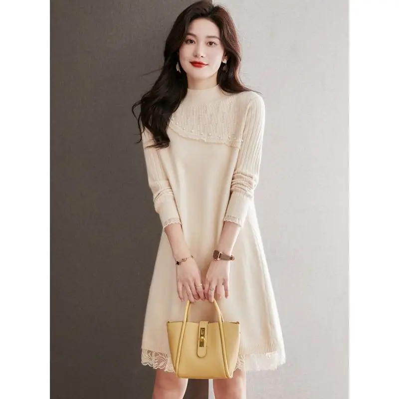 

Повседневное плотное теплое свободное вязаное платье-свитер, женское осенне-зимнее однотонное вязаное платье-свитер с длинным рукавом и по...