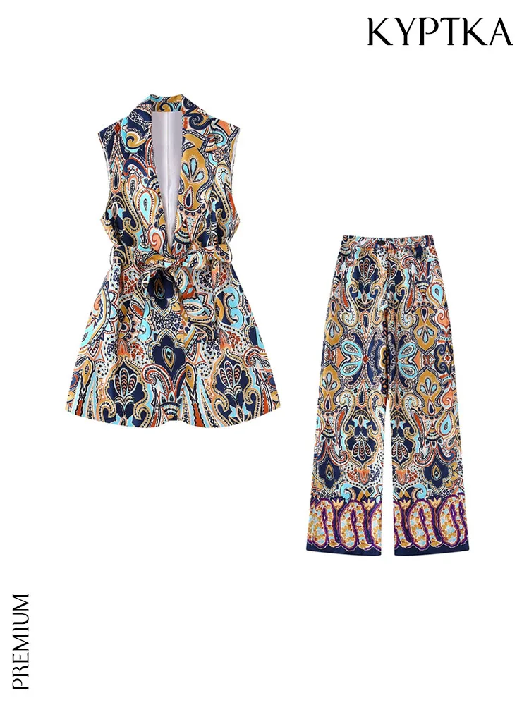 

KYPTKA Women Fashion With Belt Printed Waistcoat And High Waist Zipper Fly Wide Leg Pants Female Two Piece Sets Mujer