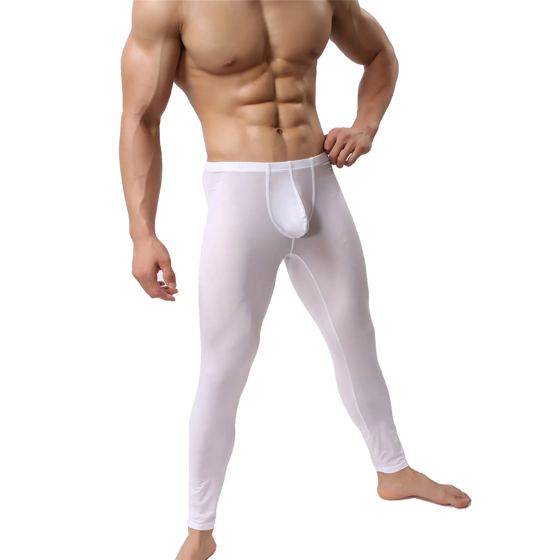 

Men's Ice Silk Compression Tight Long Johns Mens Hombre Thermal Underwear Leggings Bulge Pouch Pajama Pants Soft Sleep Bottoms