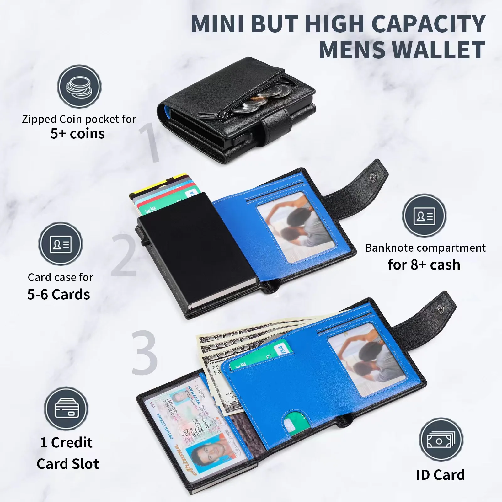 New Portable Belt Fashion Men's Leather Short Large Capacity Business Wallet With Aluminum Alloy Automatic Card Box