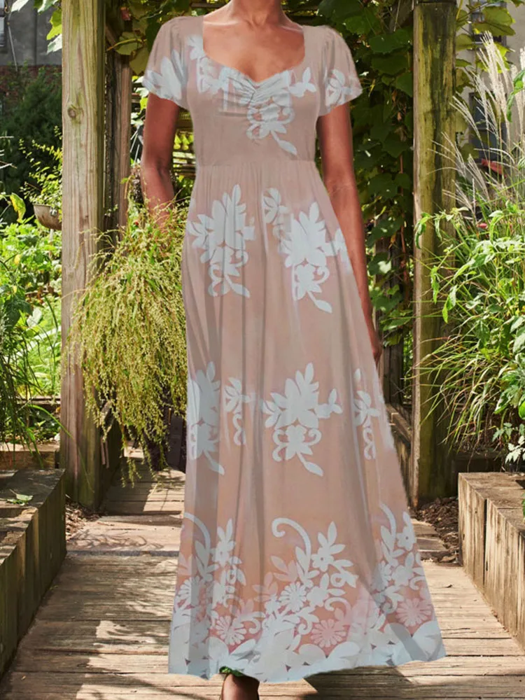 

2022 Summer New Spring Dress Retro Floral Printed Elegant Square Neck Women Maxi Dress Sexy Pleated Short Sleeve A-Line Dress