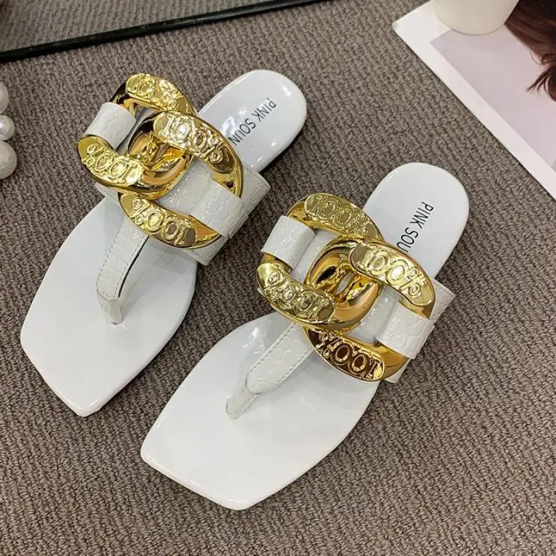 

Summer Women Slipper Fashion Gold Chain Flat Heel Outdoor Beach Slide Square Toe Casual Slip On Flip Flop Big Size 43 Ytmtloy 1