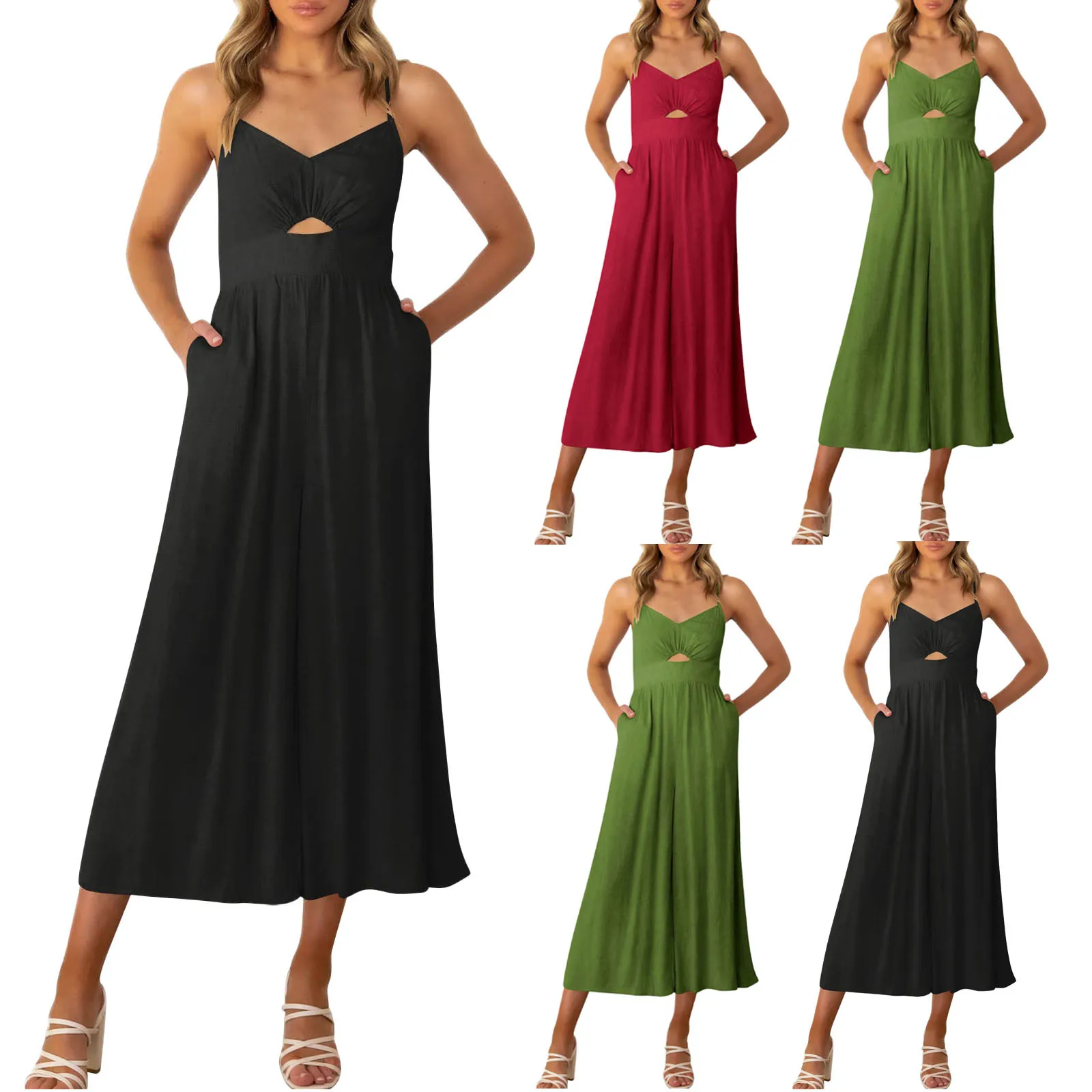 

Женский летний повседневный комбинезон, однотонный комбинезон с V-образным вырезом и вырезами, с завышенной талией, комбинезоны с карманами...