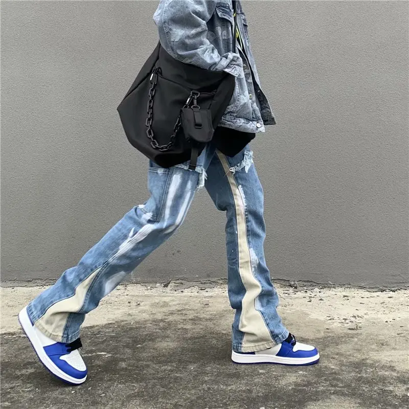 

2022 Vibe Style Patchwork Washed Baggy Men Flare Jeans Pants Color Block Straight Loose Vintage Denim Trousers Pantalones Hombre