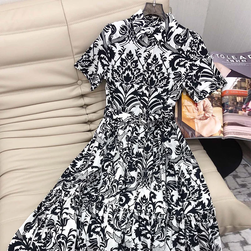

SS New 23 Short Sleeve Dresses Women Elegent Laple Belt Slim Single-breasted Dress Fashion High Sense Design Large Hems Dress