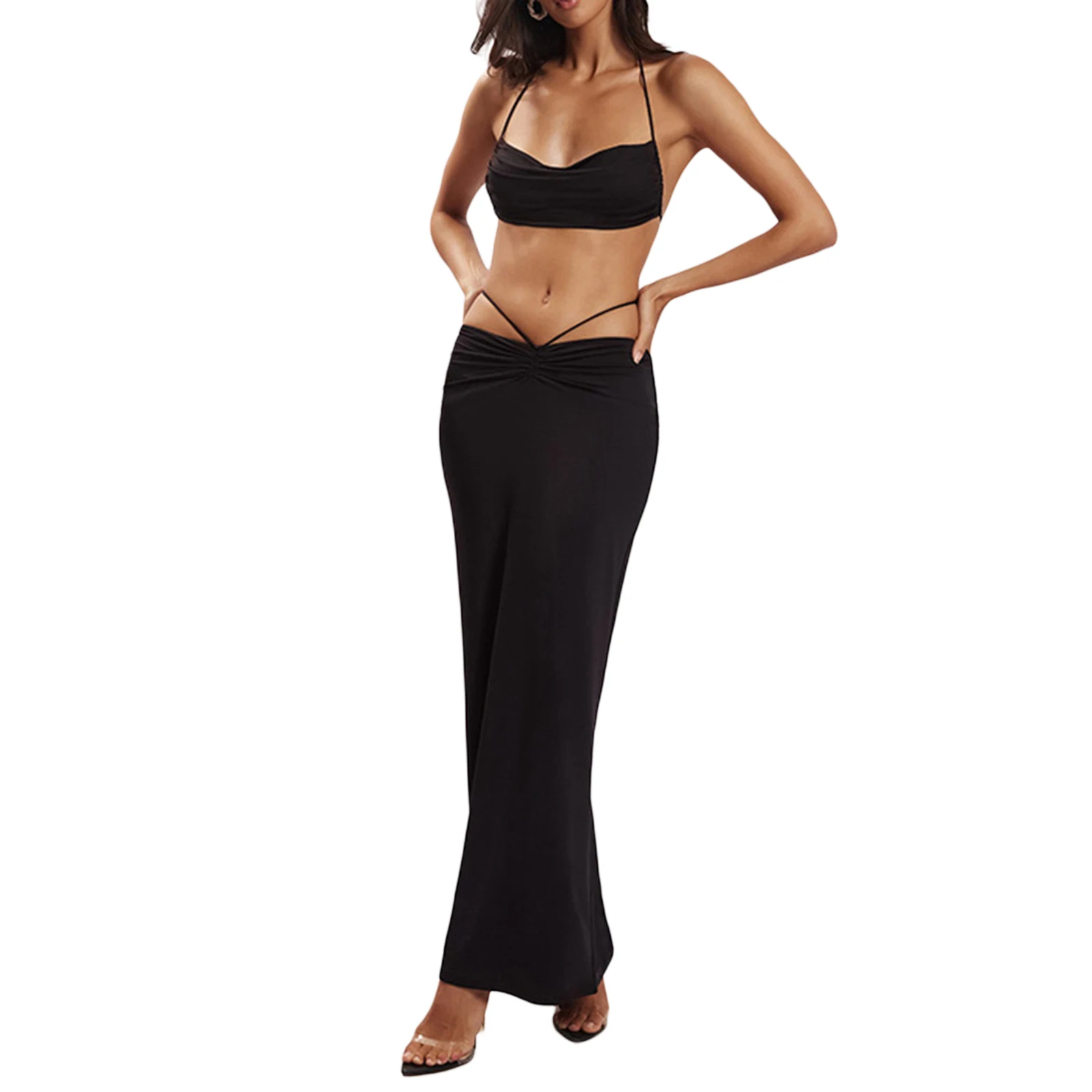

Women Two Piece Skirt Set Halter Sexy Backless Hollow Out Crop Top Bodycon Bandage Wrapped Long Skirt Party Clubwear