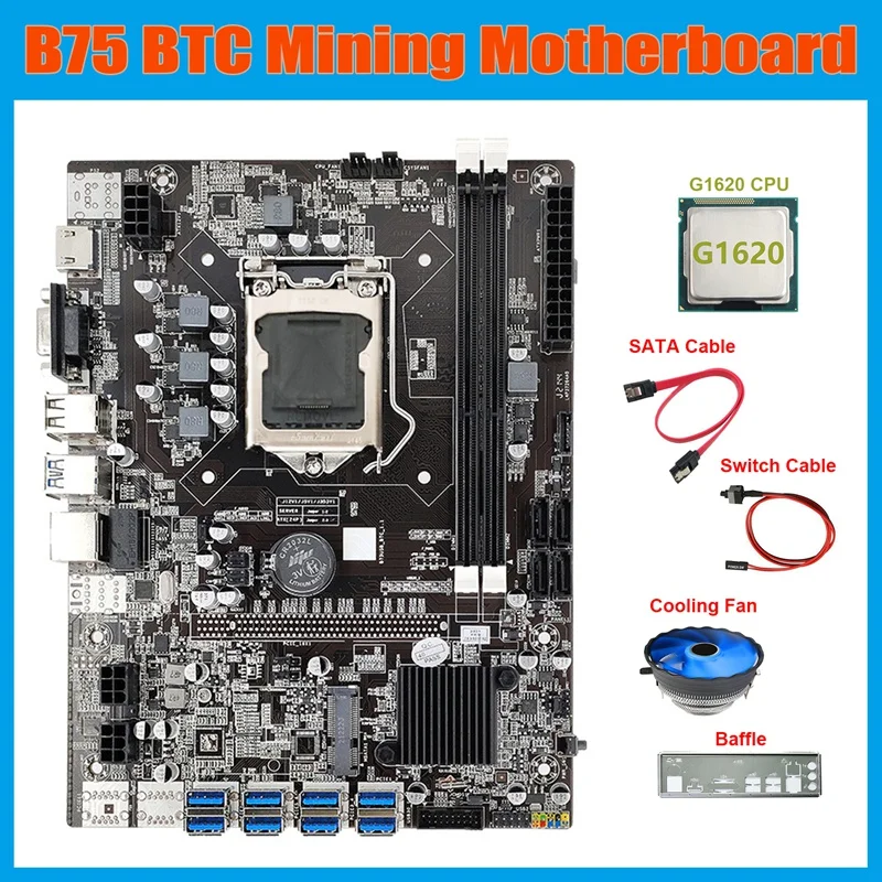 

B75 8USB ETH Mining Motherboard+G1620 CPU+Fan+Switch Cable+SATA Cable+Baffle LGA1155 DDR3 B75 BTC Miner Motherboard