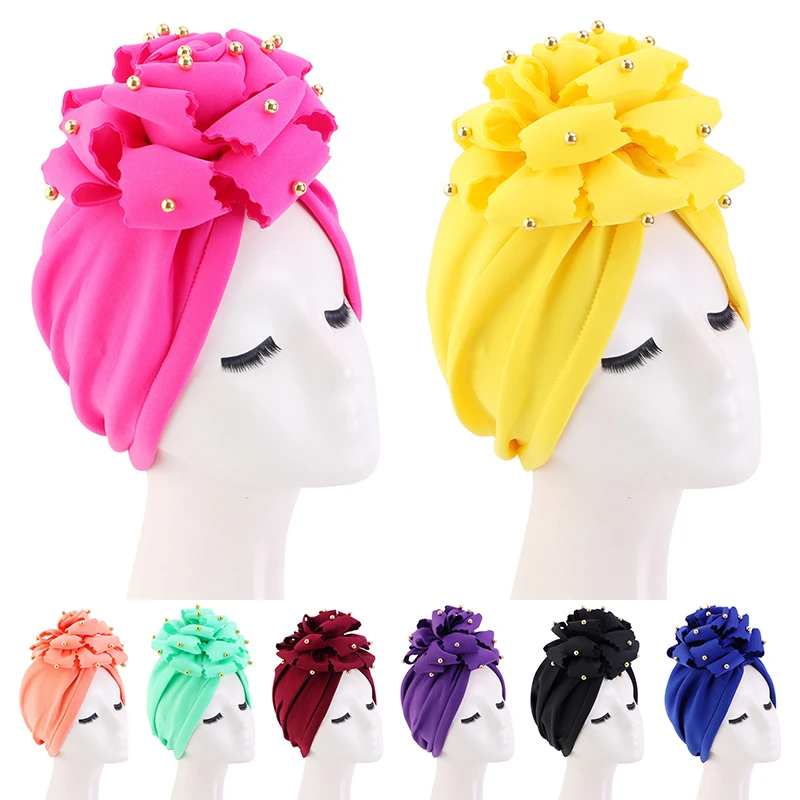 

Flower Muslim Ethnic Hat Scarf Hat Hijab Caps Turban Cotton-padded Hat Big Flowers Solid Color Three-dimensional African Style
