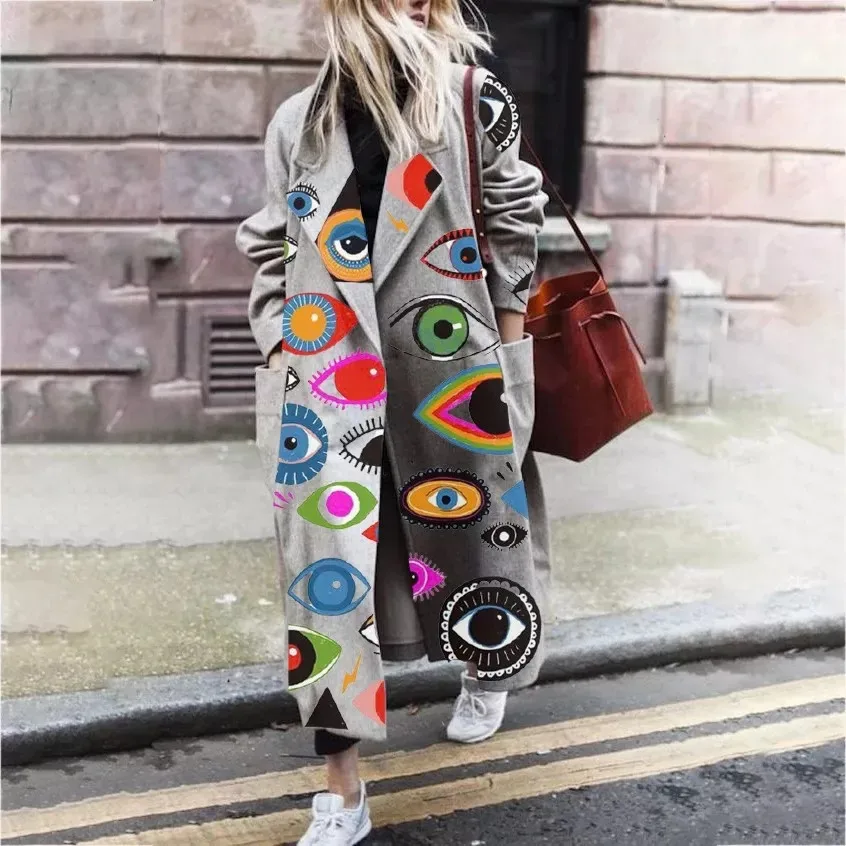 

Winter Coats for Women Print Wool Blended Casual Loose Outwear High Street Long Coat Women Winter Jacket