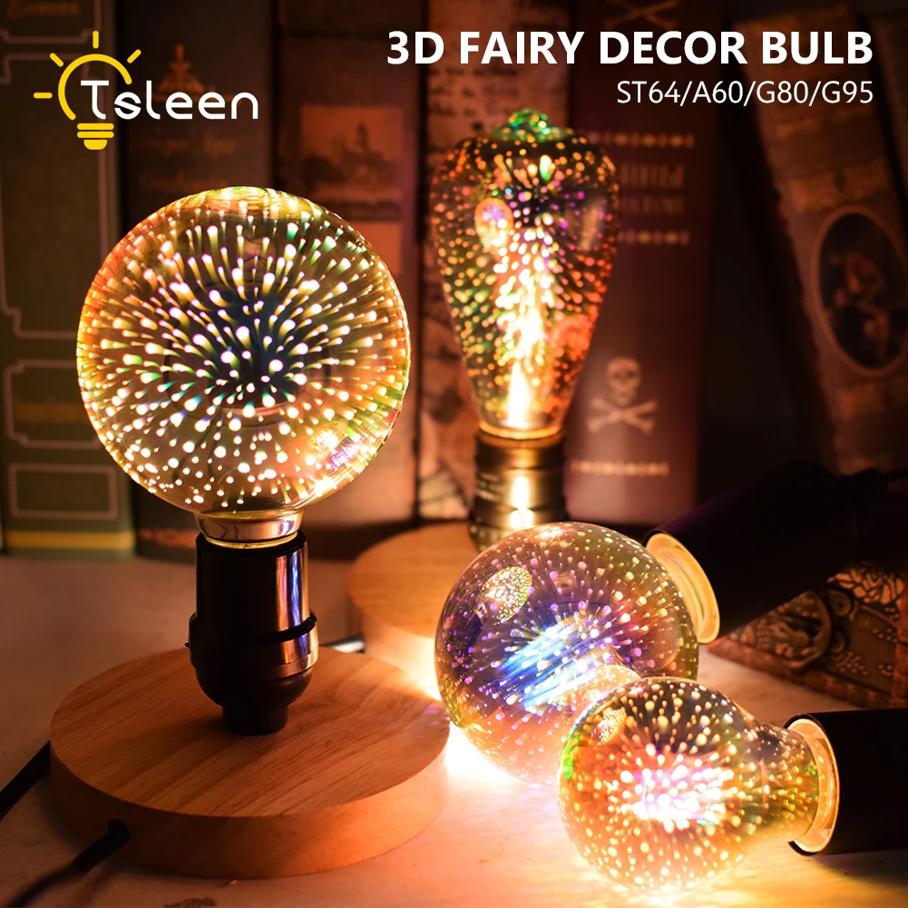 

3D Decoration LED Bulb E27 85-265V ST64 Vintage Edison Light Bulb Star Fireworks Lamp Holiday Night Light Novelty Christmas Tree
