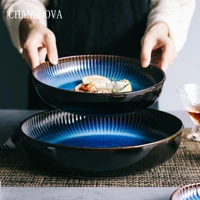 chanshova blue western style round under glazed ceramic food plate steak plate dinner home porcelain c012