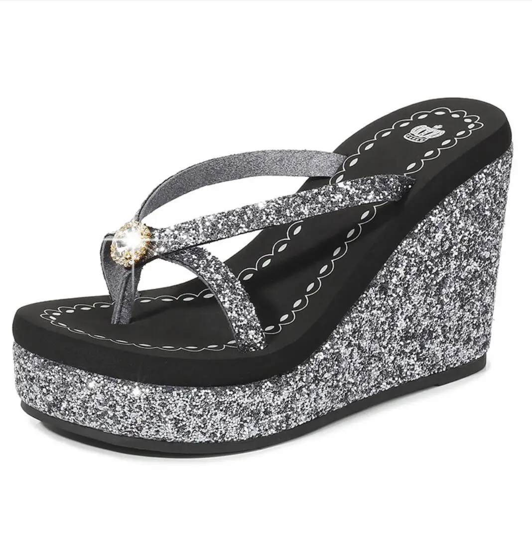 

Bling Flip Flops Women Wedge High Heels Sandals 2022 Female High Slippers Mules Luxury Slides Fashion Platform 11CM Sandals