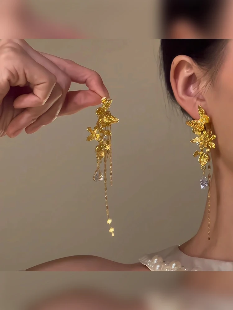 French Yaozun Golden Earrings 2024 New Popular High-Grade Exaggerated Long Tassel Women