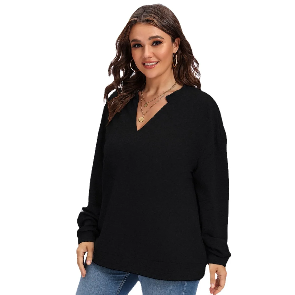 HAOOHU hot selling solid colour V-neck women's plus size t-shirt long sleeve sweater fashion knitted tops autumn and winter new