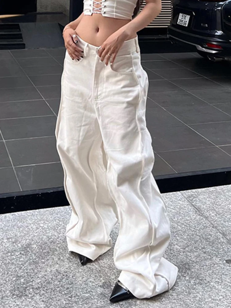 WeiYao White Denim Wide Leg Cargo Pants Women Streetwear Korean Fashion Low Waist Straight Jeans Casual Loose Baggy Trousers