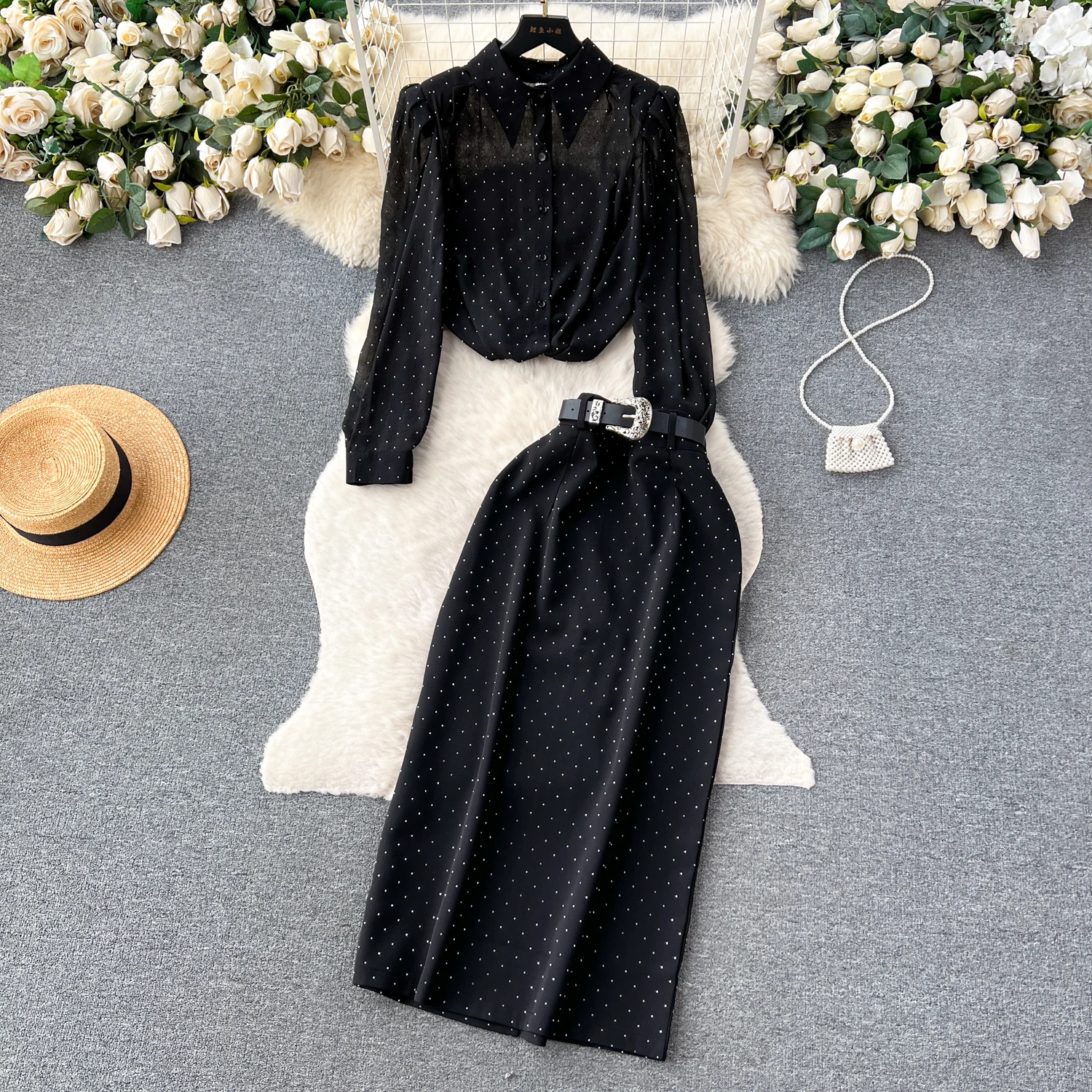 Basics с длинными пышными рукавами и отложным воротником однобортный шикарный топ в