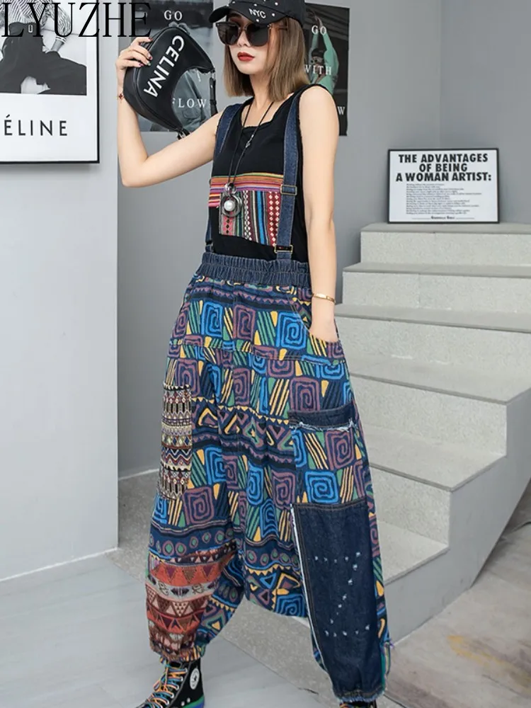 LYUZHE Ethnic Style Printed Patchwork Denim Large Crotch Trousers Women 2023 Spring Summer Loose Two Straps ZXF158A