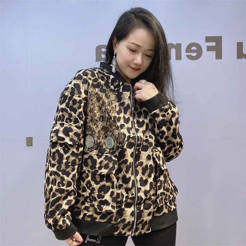 

Female Autumn Leopard Jacket Stand Collar Zip Up Coat Full Sleeve Casual Loose Cardigan Plus Size Tops Chaqueta de mujeres