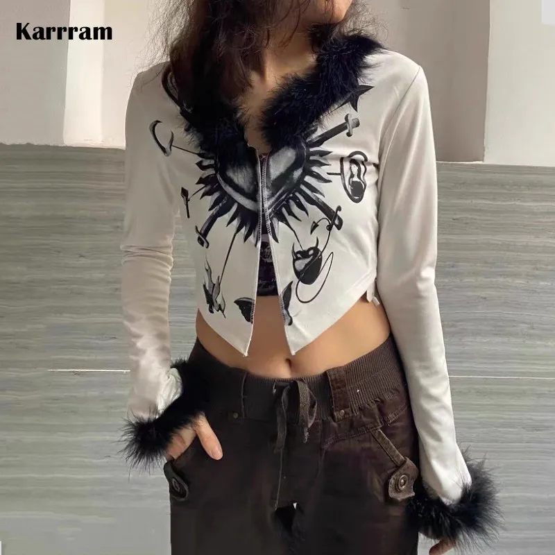 

Кроп-топы Karrram в стиле панк гранж, готические Футболки с длинным рукавом, Асимметричная Лоскутная одежда в стиле Харадзюку, верхняя одежда в ...