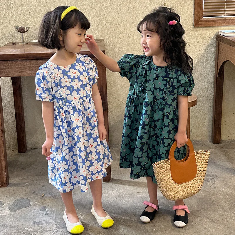 

5142B Korean Girls' Dress 2023 Summer New Short Sleeves Bubbles Girl Dress Cotton Floral Baby Princess Dress