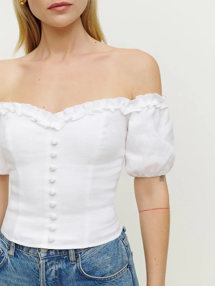 

Tops Women 2022 Summer Casual Front Buttons Cropped Blouse Frill Trim Off Shoulder Top Back Smocked Short Puff Sleeve Blouse