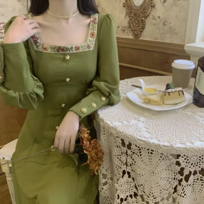 

Women Spring Vestidos French Style Fairy Dress Button Party Midi Dress Female Elegant Sweet Vintage Embroidery Korean Dresses