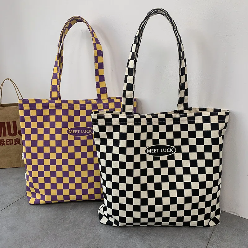 

Plaid Shopping Bag for Women Zipper Canvas Shoulder Bags Large Capacity Student Girls Tote Checkerboard Female Shopper Handbags