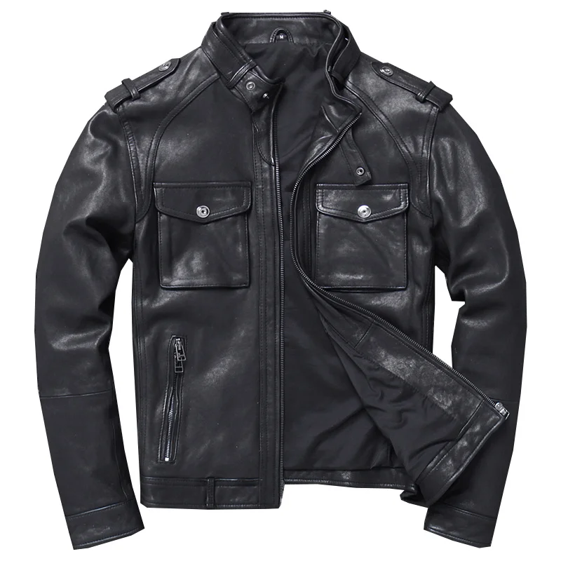 Мужская кожаная куртка из натуральной овечьей шкуры мотоциклетная кожи