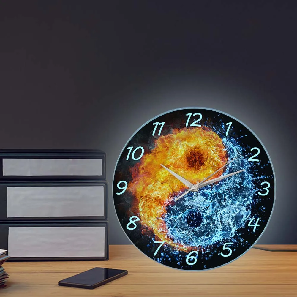 Настенные часы Yin Yang с огнем и водой подсветкой гармония духовный тайцзи дзен
