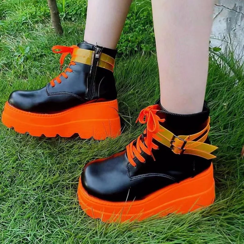 2023 Fall Winter Sale Punk Halloween Witch Cosplay Platform High Wedge Black Gothic Calfskin Boots Women's Shoes Plus Size 43