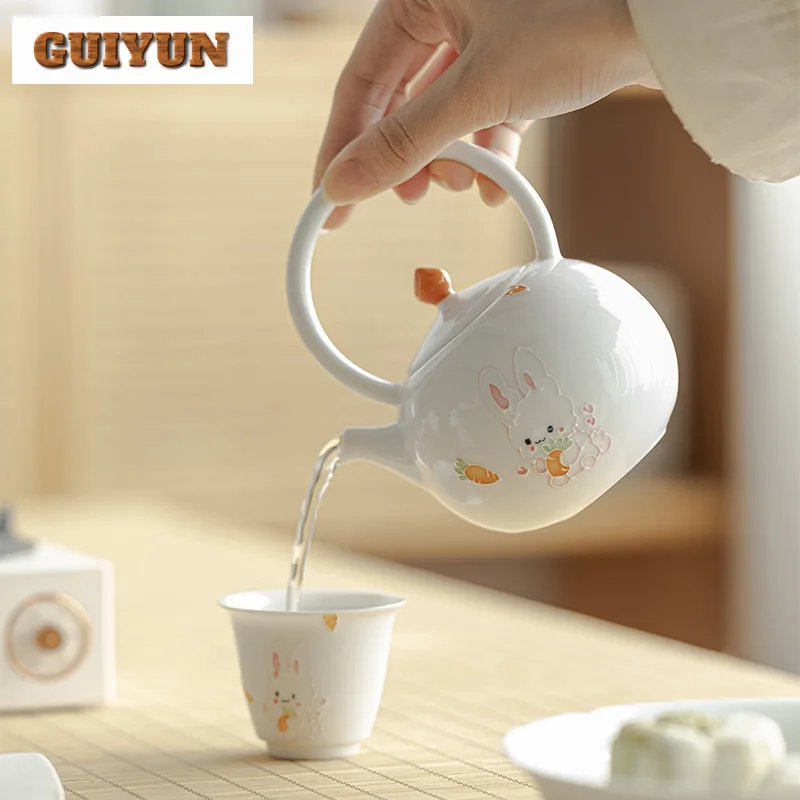 250 мл ручная роспись милый кролик обруч ручка чайник из Нефритовой глины белый