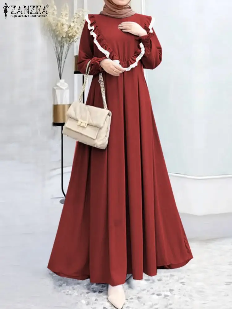 

ZANZEA Vintage Long Sleeve Ruffles Sundress Women Dubai Turkey Abaya Hijab Dress Jilbab Islamic Clothing Caftan Ramadan Robe