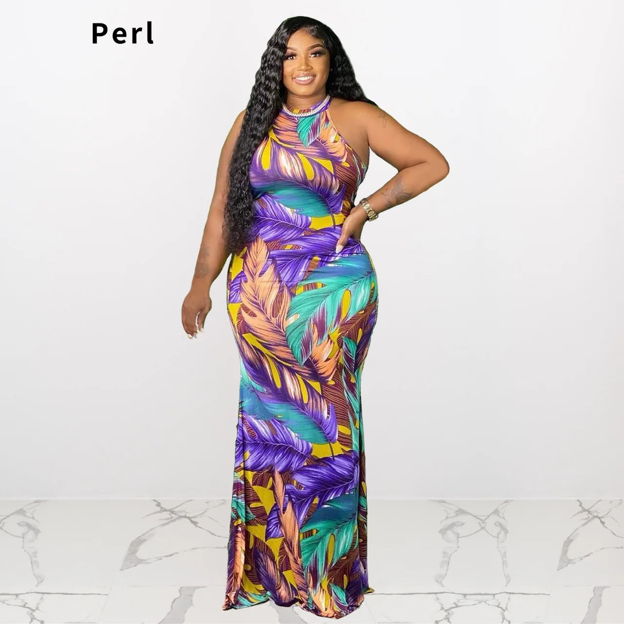 

Perl Plus Size Printed Cutout Vest Long Sexy Dress Casual Summer Outfit Open Back Women Clothing Beach Long Skirt Street Wear