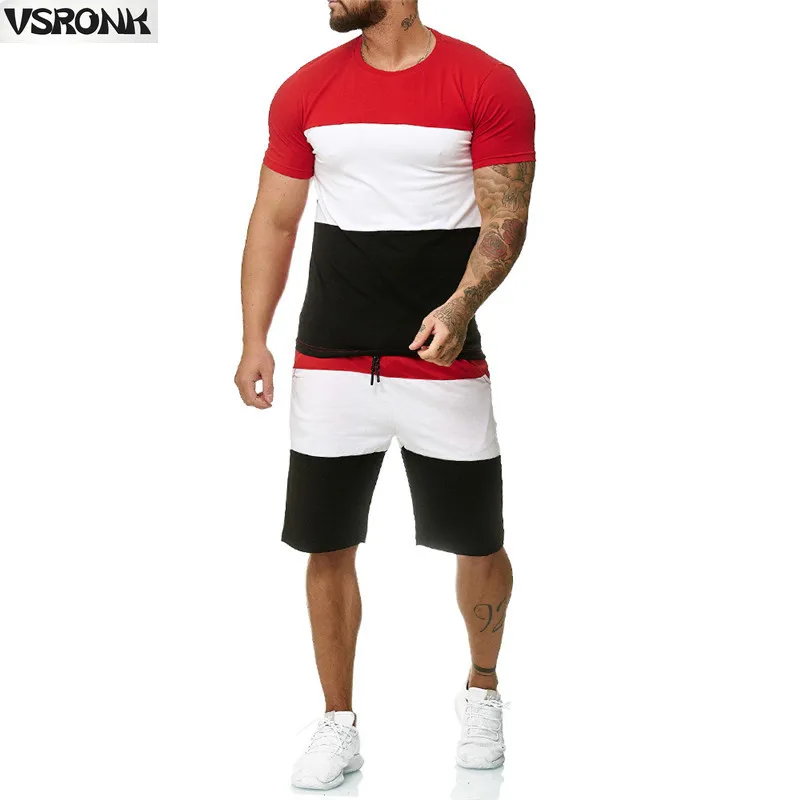 

2022 New Hot Splice T-shirt Sports Suit Men Quick Dry Casual Running Suit Splicing Summer Short Sleeve Shorts 4XL 2-piece Set