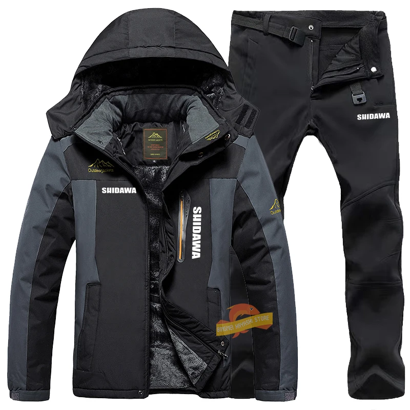 SHIDAWA Fleece Thick Fishing Suits Men Winter Warm Pants Waterproof Jacket Outdoor Hooded Windbreaker Fishing Clothes Hiking Set enlarge