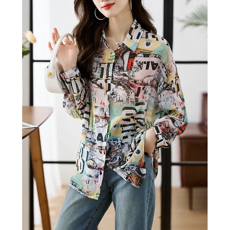 

casual loose Women's Blusa Mujer for Spring Autumn Fashion Trendy Print Ladies' Button-Down Shirt for Work and Casual