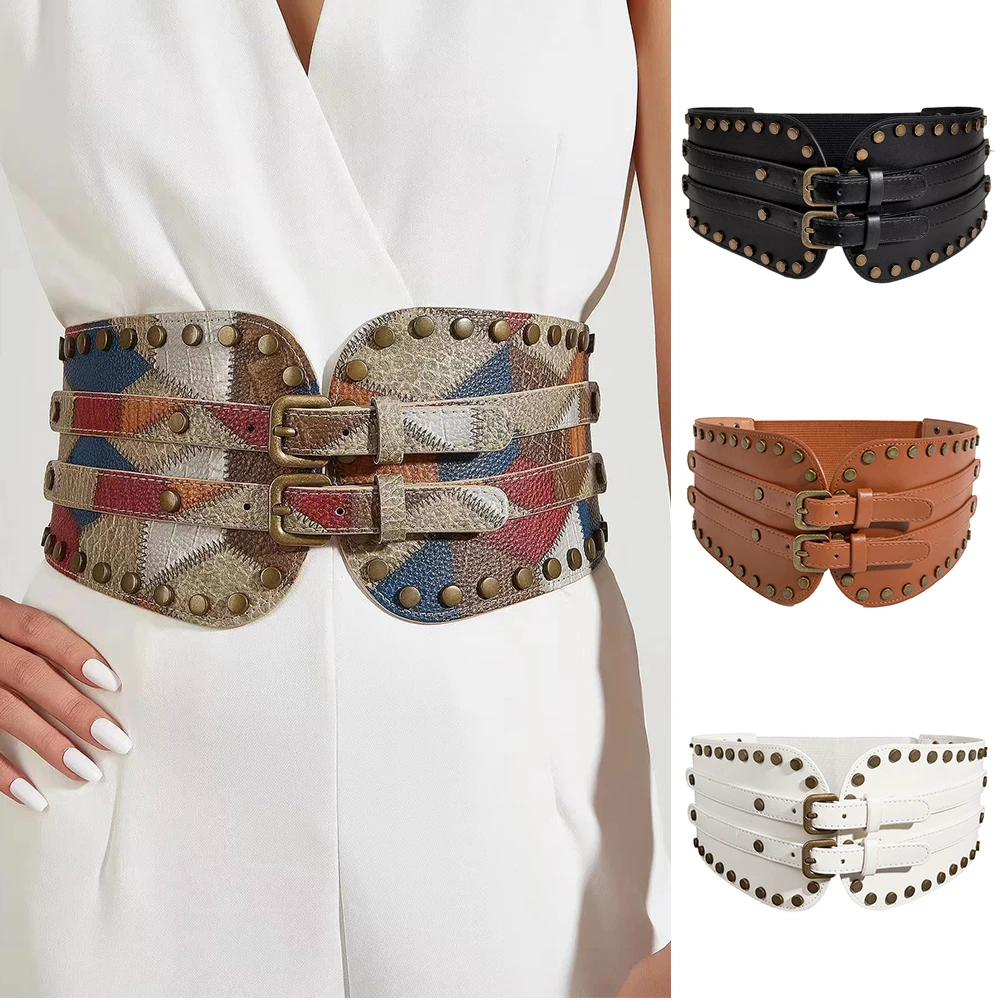 

Metal Double Buckle Stretchy Corset Belt Fashion Adjustable Leather Rivet Ultra Wide Belt Women Elastic Rivets Cummerbunds