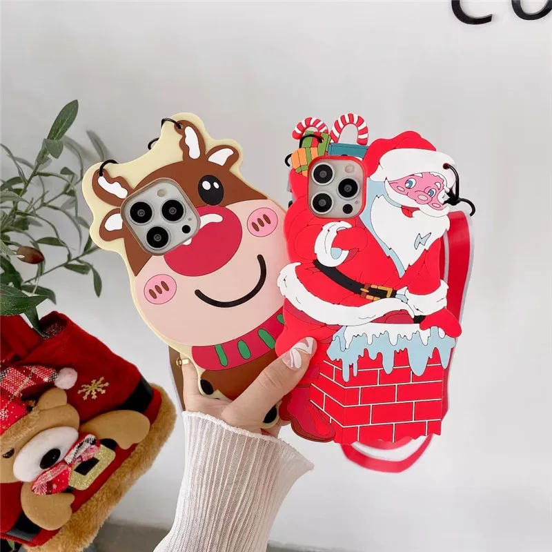 

Cartoon Santa Claus Elk 3D Phone Case Necklace Strap Lanyard For iPhone 14 12 13 11 8 7 Plus Pro MAX XR XS Mini Silicone Cover