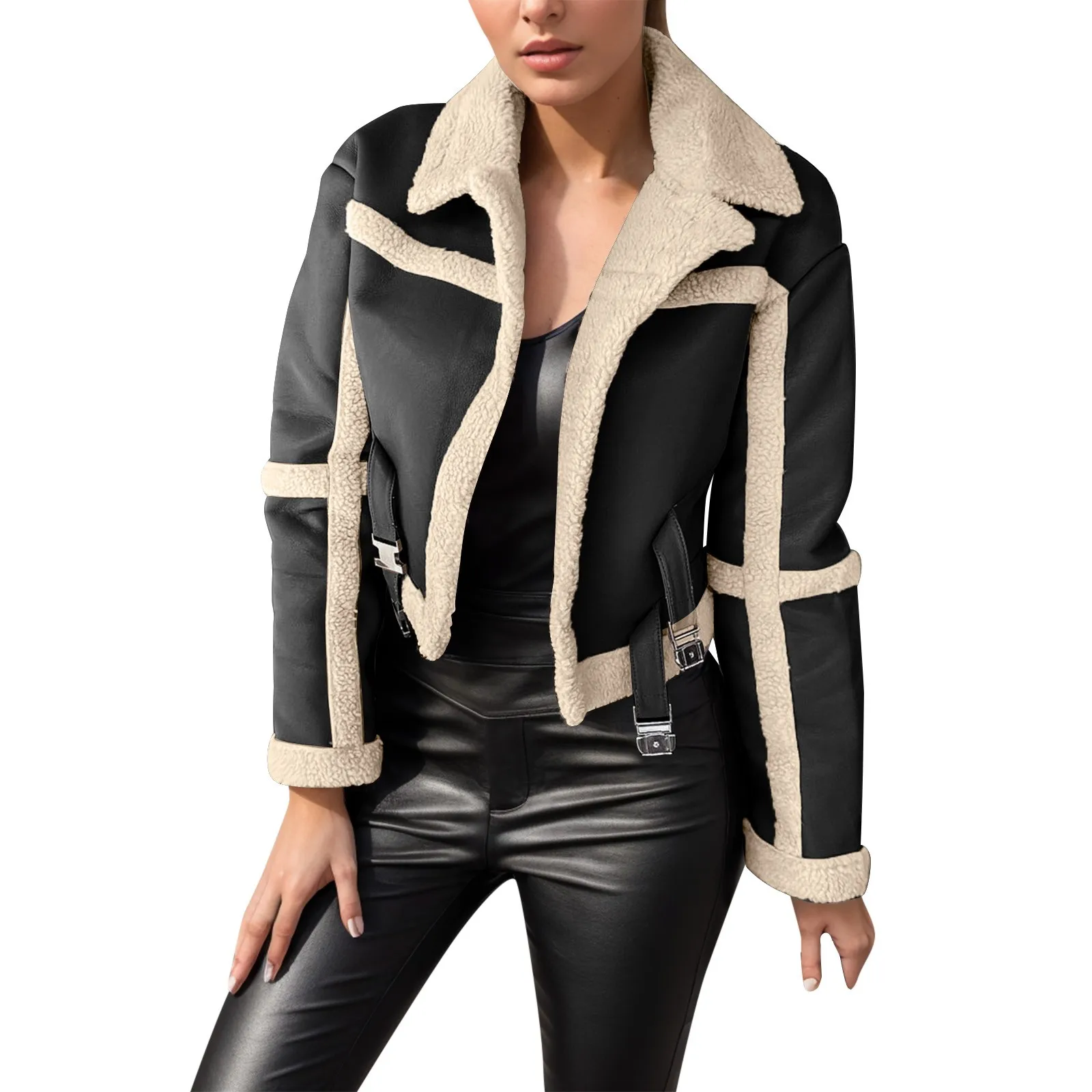 

Куртка женская осенняя, укороченная куртка из искусственной кожи, с длинным рукавом, в стиле пэчворк, Повседневная Свободная