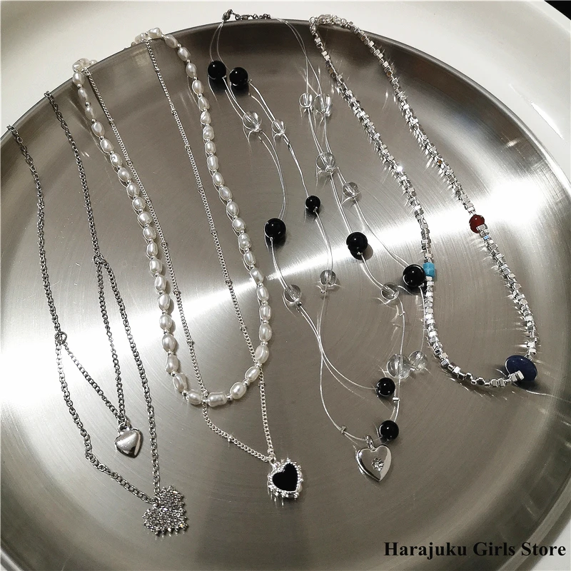 

Kpop Aesthetic Exquisite Double Layer Heart Pendant Pearl Choker Metal Silver Color Necklace For Women Vintage Party Y2K Jewelry