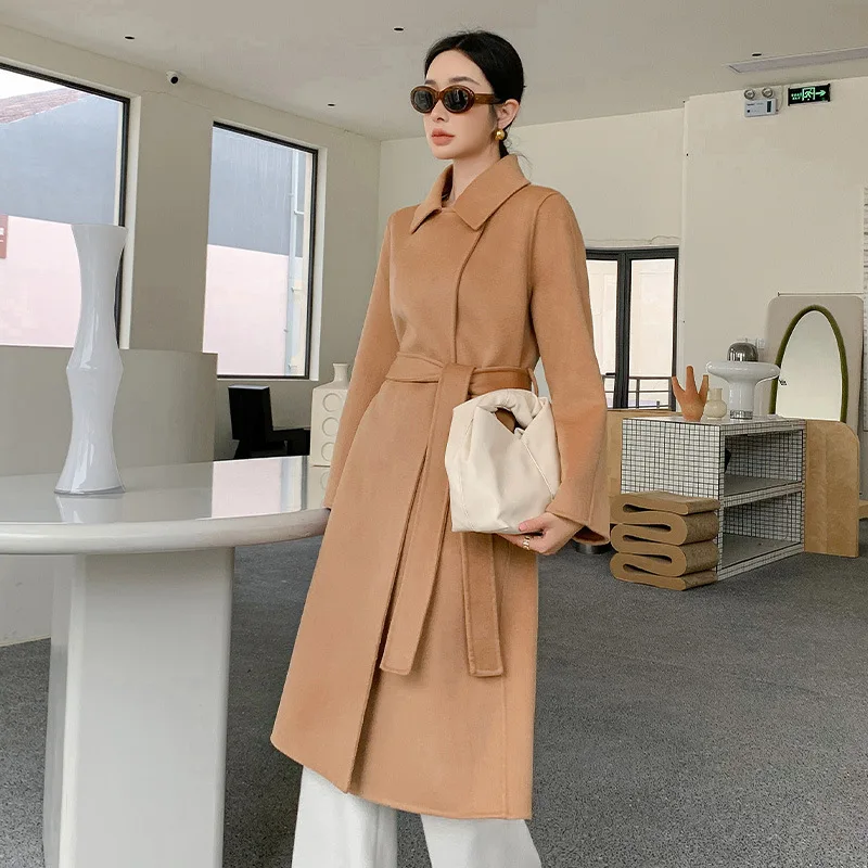 

Женское двустороннее шерстяное пальто, корейское свободное шерстяное пальто с длинным воротником-поло, Осень-зима 2023
