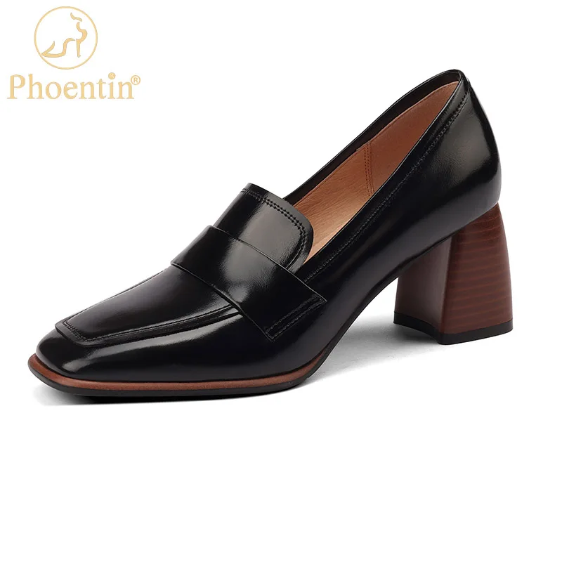 Phoentin 2023 Spring New GENUINE LEATHER Women Shoes LEISURE Slip-On Shallow Pumps Retro Square Toe high Heels Shoes FT2156