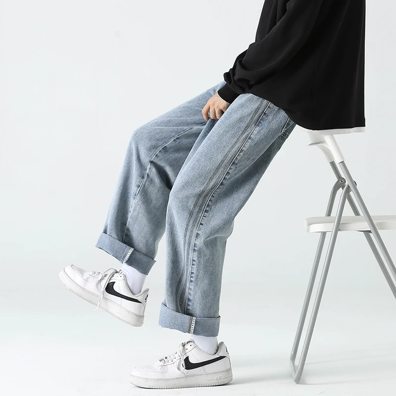 

TFETTERS Men Jeans Pants 2022 New Autumn Winter Light Colored Washed Jeans Men Tide Brand Loose Straight Wide Leg Daddy Pants