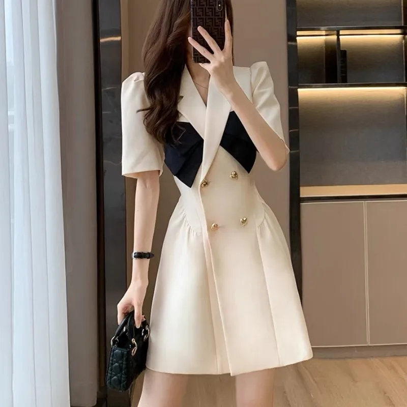 

Женское винтажное платье-блейзер с коротким рукавом, двубортное приталенное платье с рюшами в офисном стиле, лето 2022