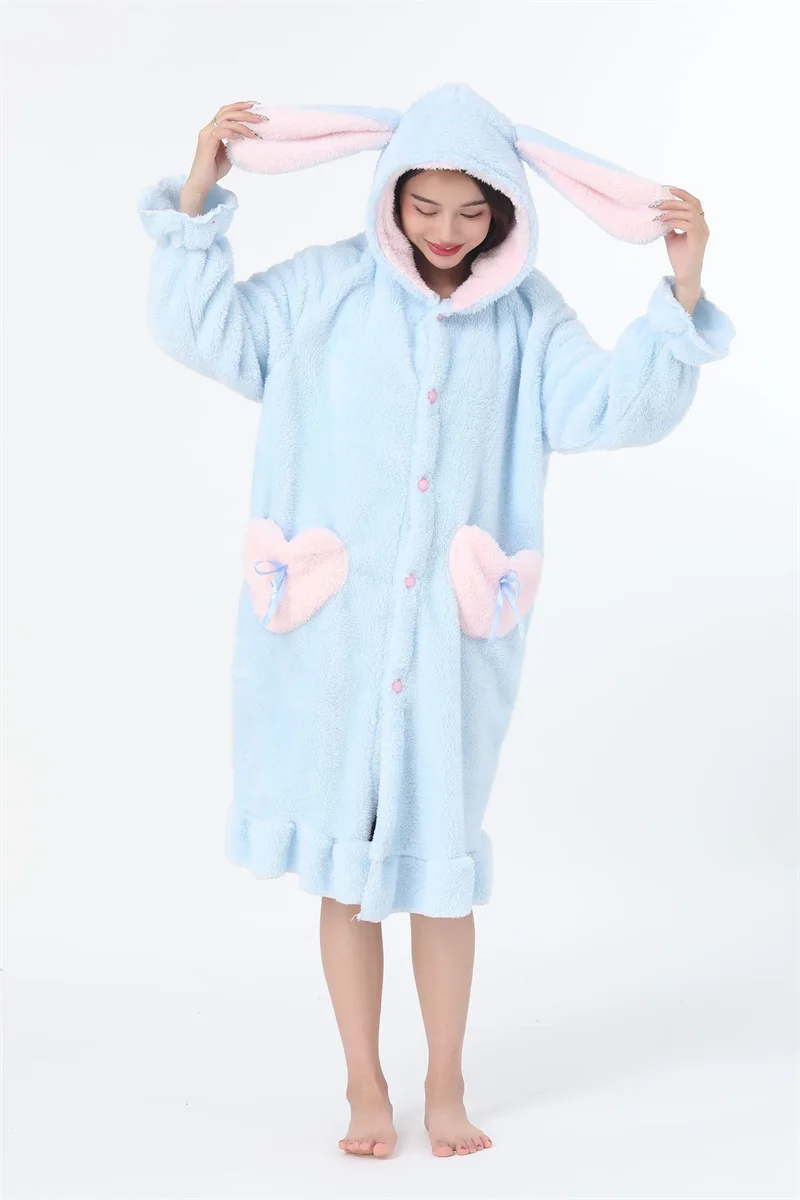 Women Flannel Hooded Nightdress Loose Size Skirt Sleepwear Lady Full-Sleeve Sweet Cartoon Nightwear Winter Fashion Clothes
